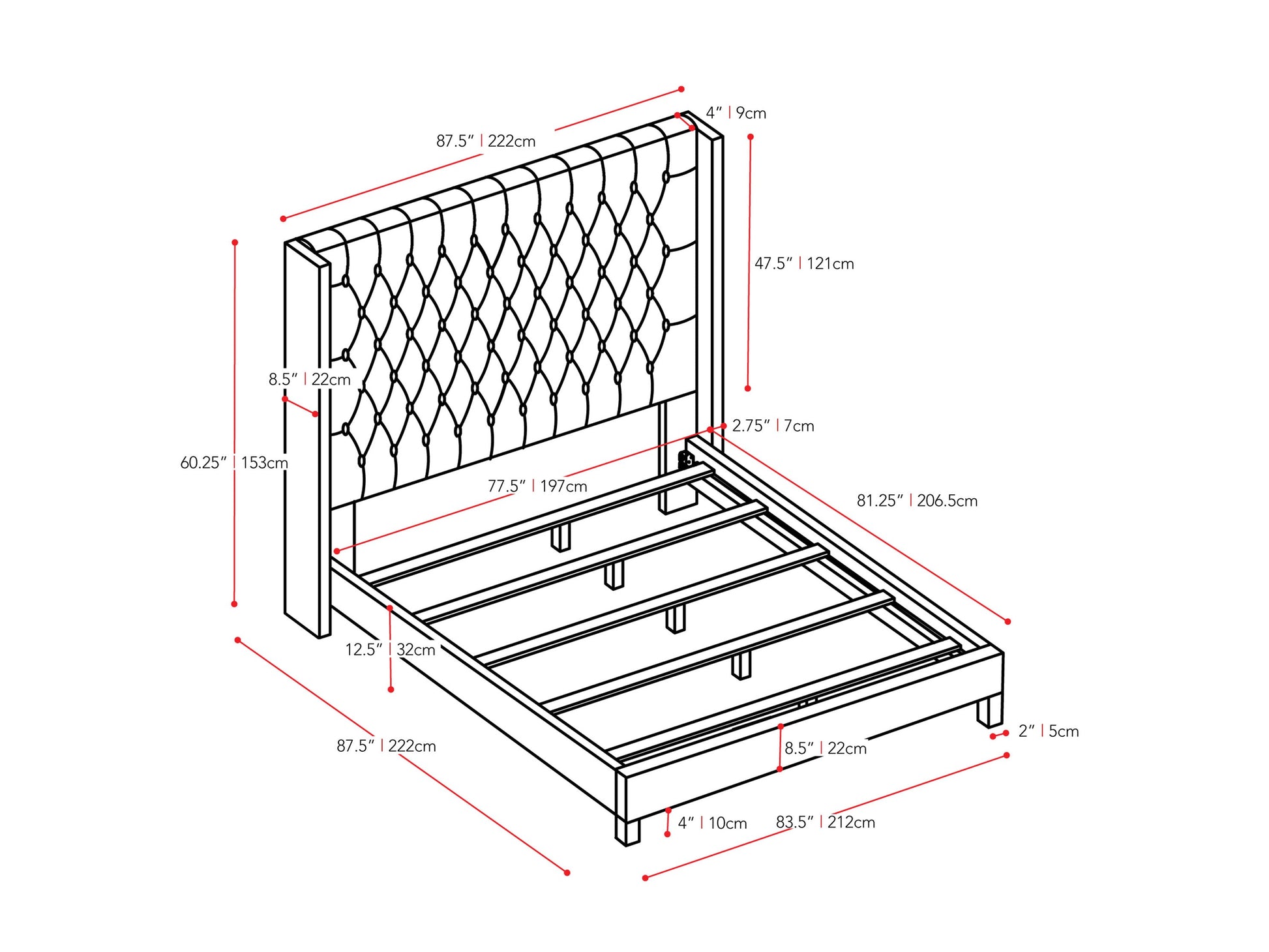 grey Tufted King Bed Fairfield Collection measurements diagram by CorLiving#color_grey