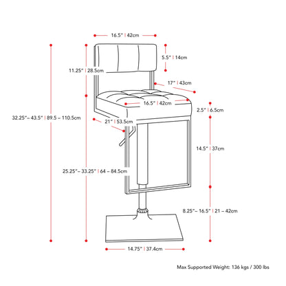 black Bar Stools Set of 2 Riley Collection measurements diagram by CorLiving#color_black