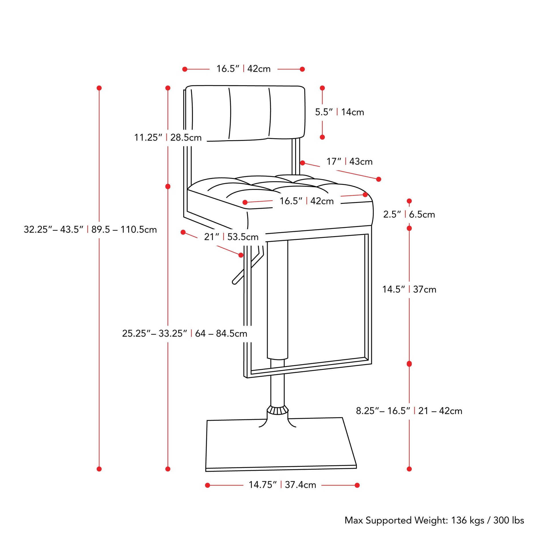 white Bar Stools Set of 2 Riley Collection measurements diagram by CorLiving#color_white