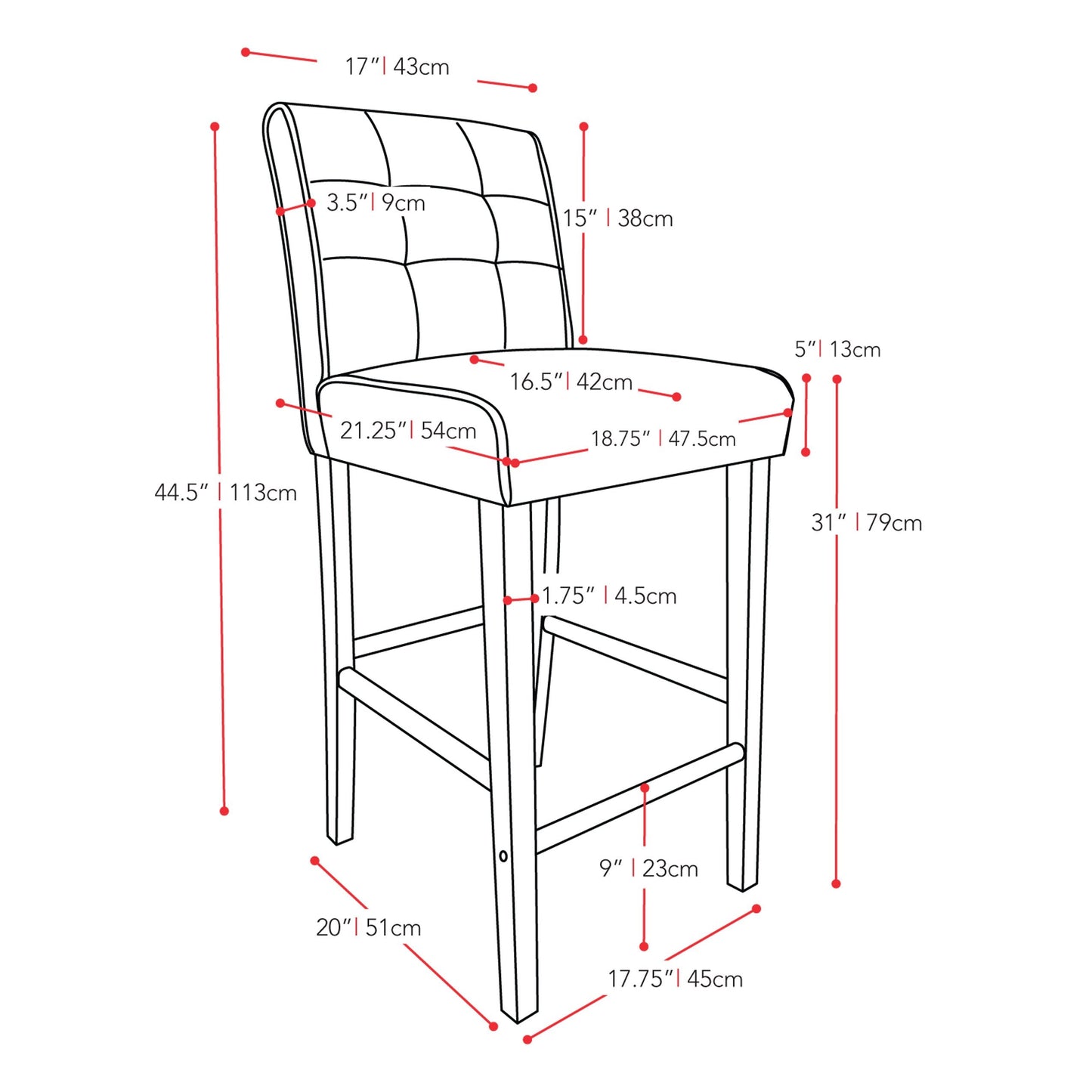 brown Brown Bar Stool Bar Height Antonio Collection measurements diagram by CorLiving#color_brown