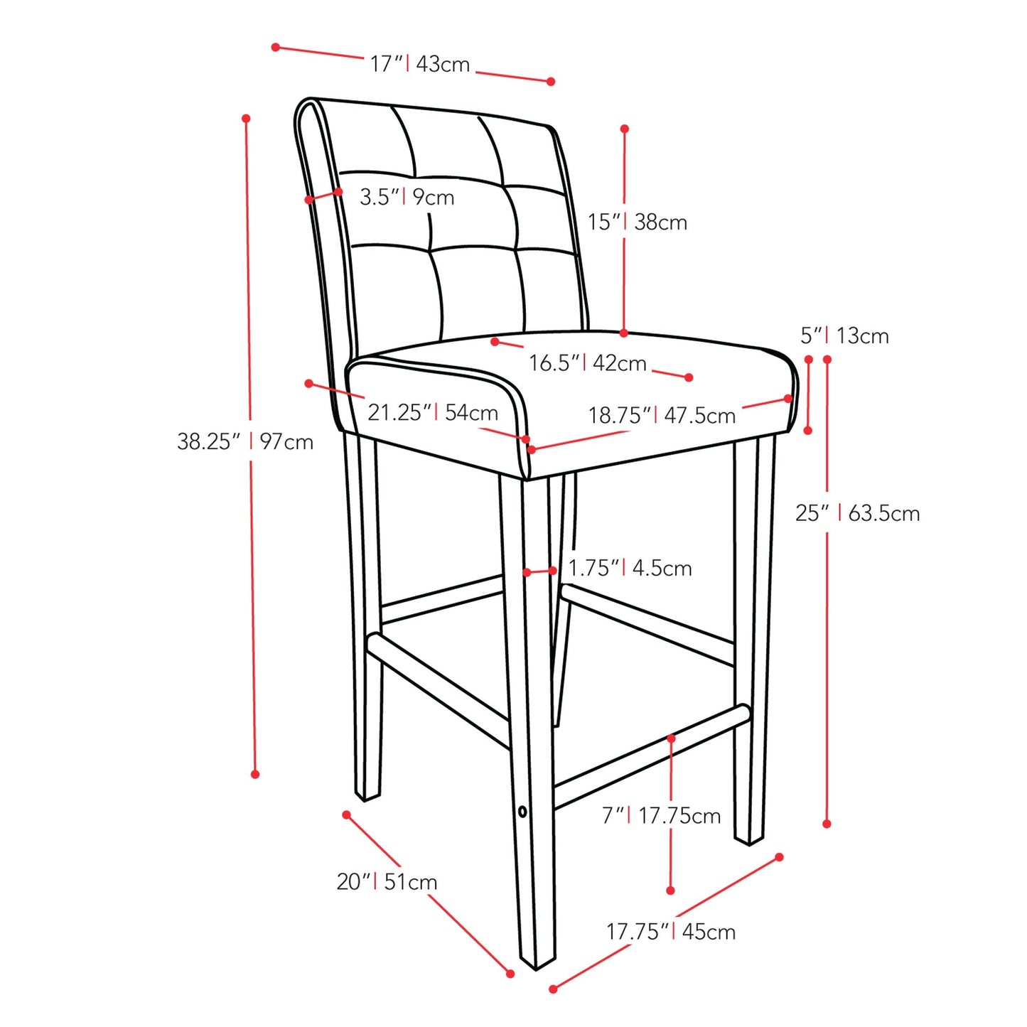 dark brown Counter Height Bar Stool Antonio Collection measurements diagram by CorLiving#color_dark-brown