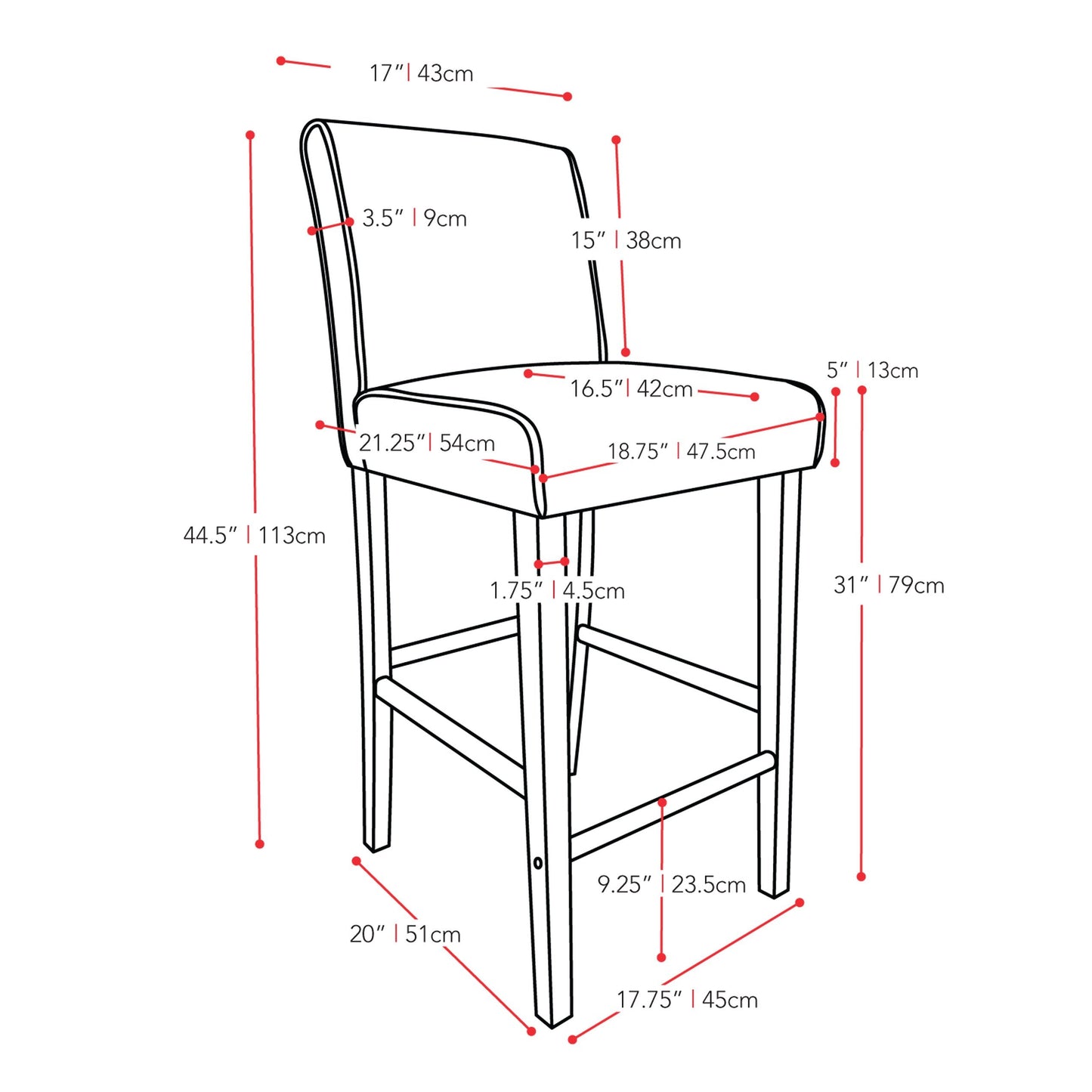 black Wooden Bar Stool Bar Height Ira Collection measurements diagram by CorLiving#color_black