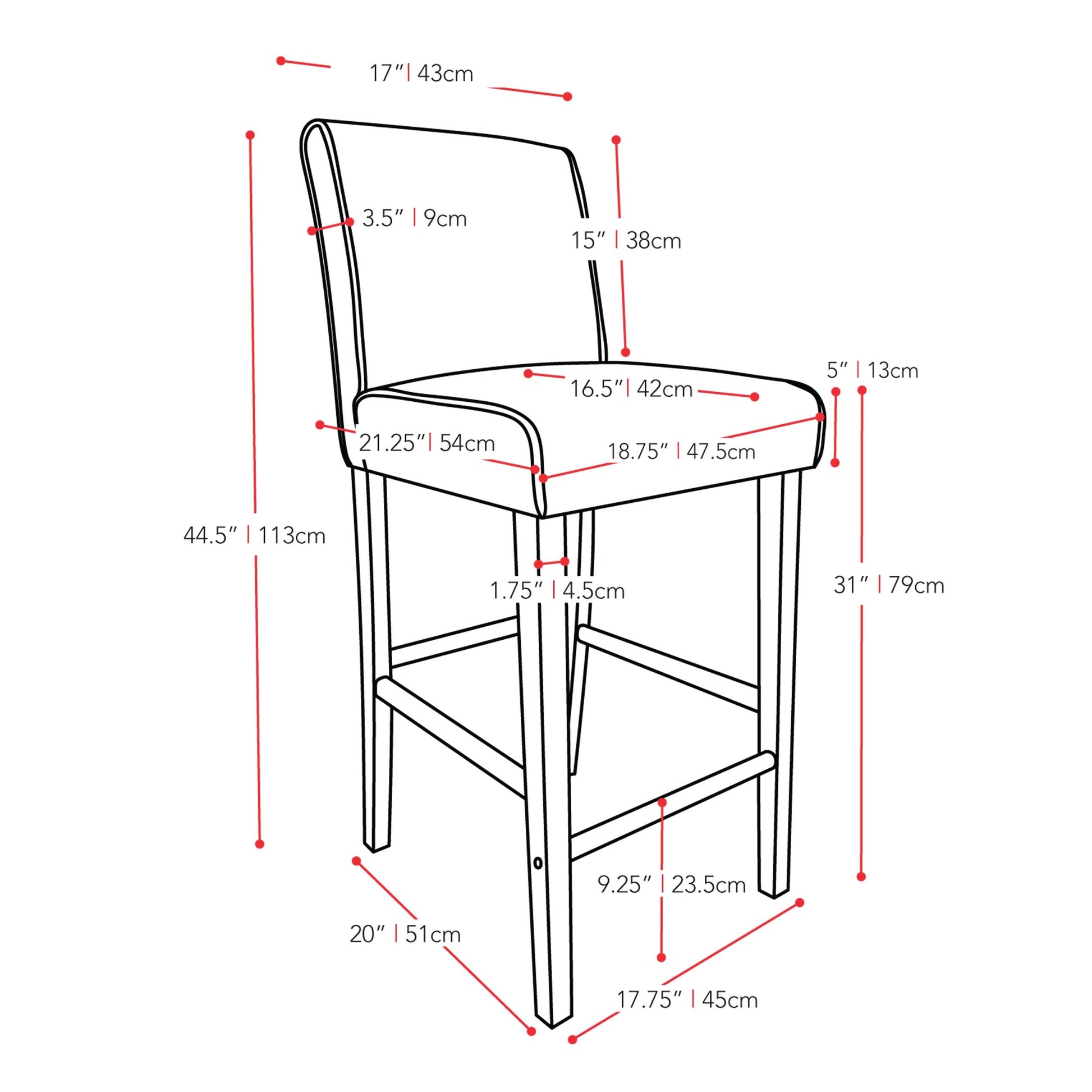 white Wooden Bar Stool Bar Height Ira Collection measurements diagram by CorLiving#color_white