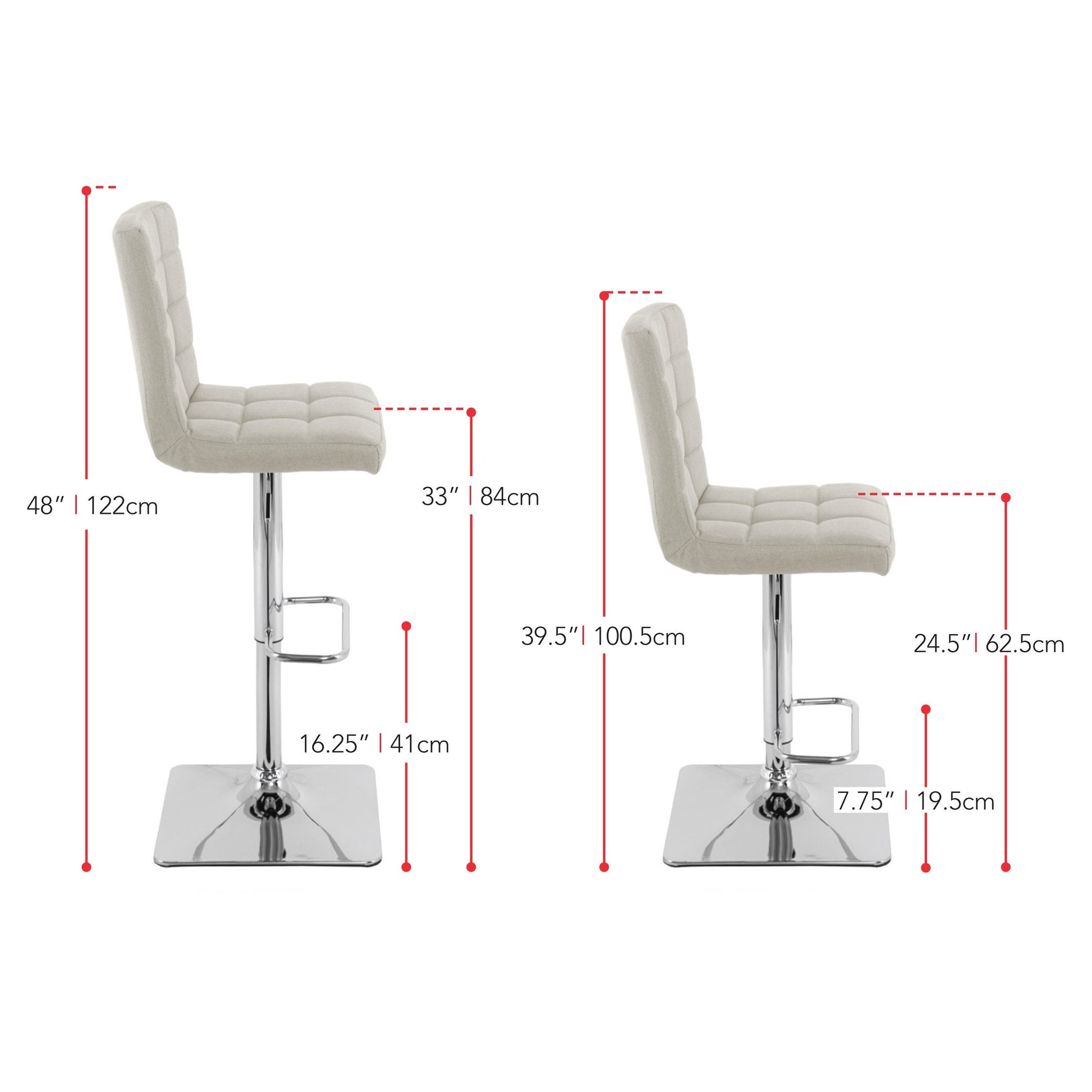 cream High Back Bar Stools Set of 2 Quinn Collection measurements diagram by CorLiving#color_cream