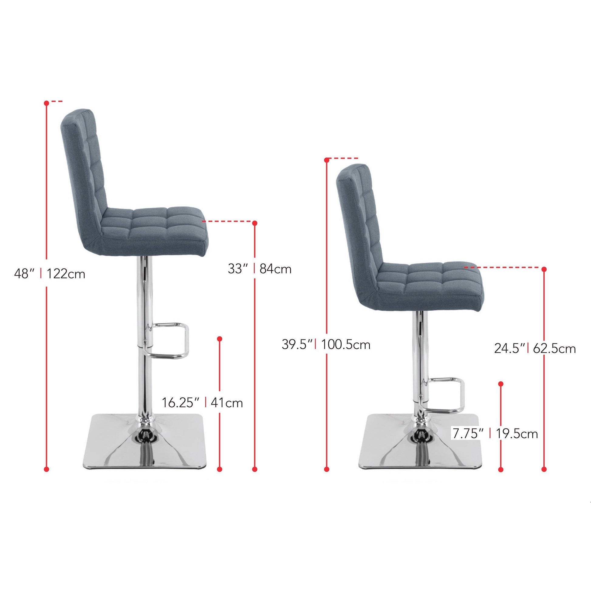 blue grey High Back Bar Stools Set of 2 Quinn Collection measurements diagram by CorLiving#color_blue-grey