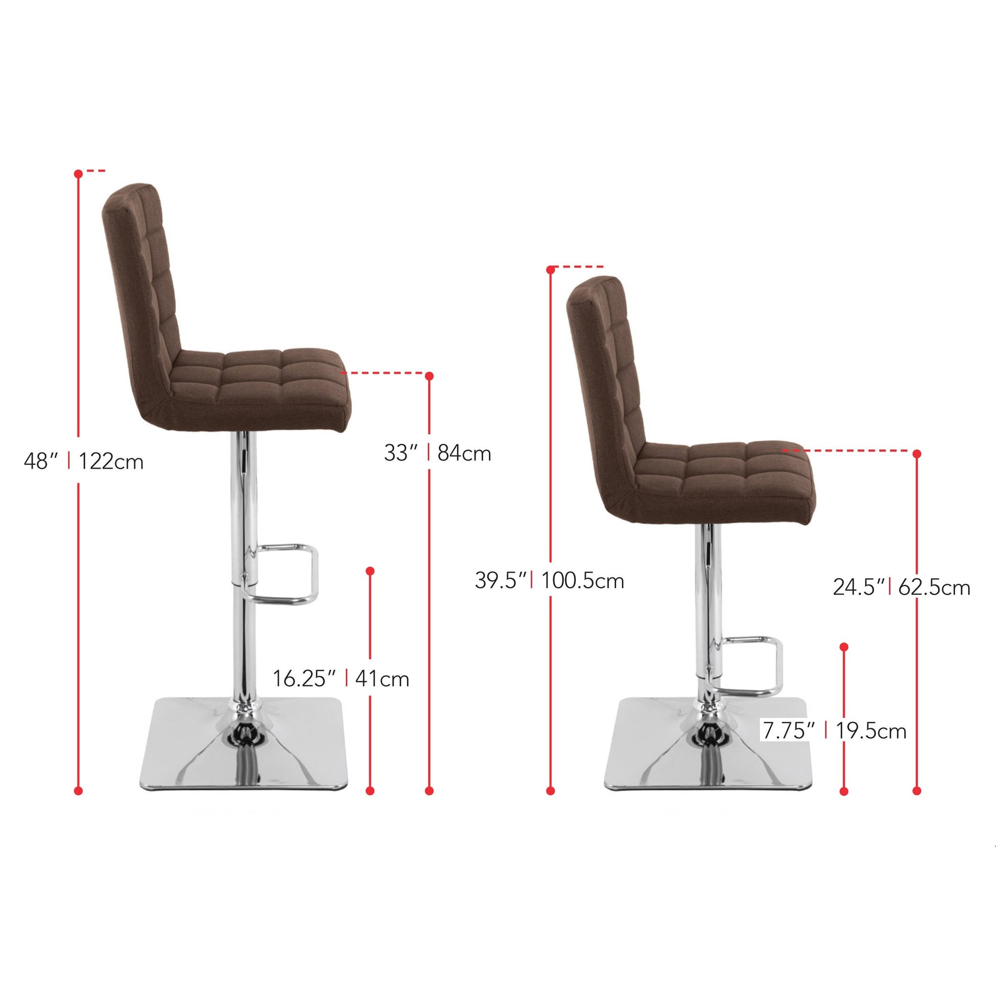 dark brown High Back Bar Stools Set of 2 Quinn Collection measurements diagram by CorLiving#color_dark-brown