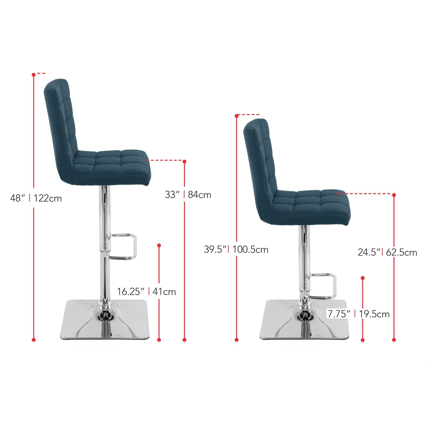 dark blue High Back Bar Stools Set of 2 Quinn Collection measurements diagram by CorLiving#color_dark-blue