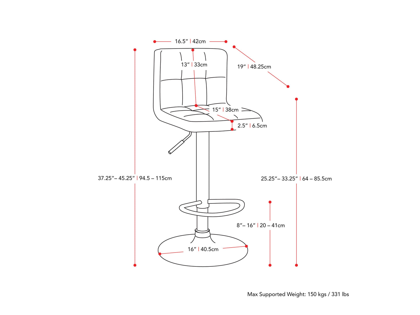 brown Brown Bar Stools Set of 2 Zion Collection measurements diagram by CorLiving#color_brown