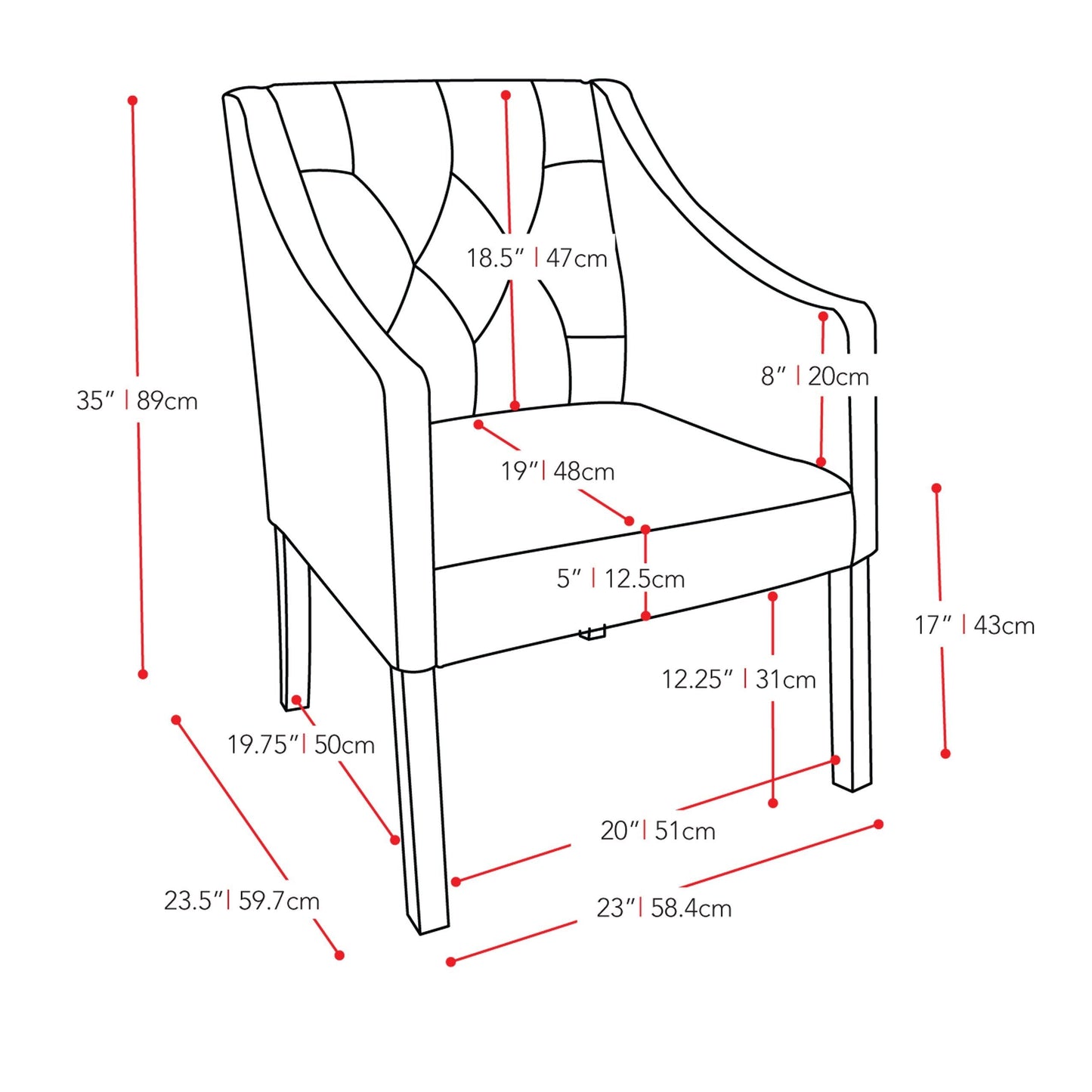 black Leather Club Chair Set of 2 Antonio Collection measurements diagram by CorLiving#color_black