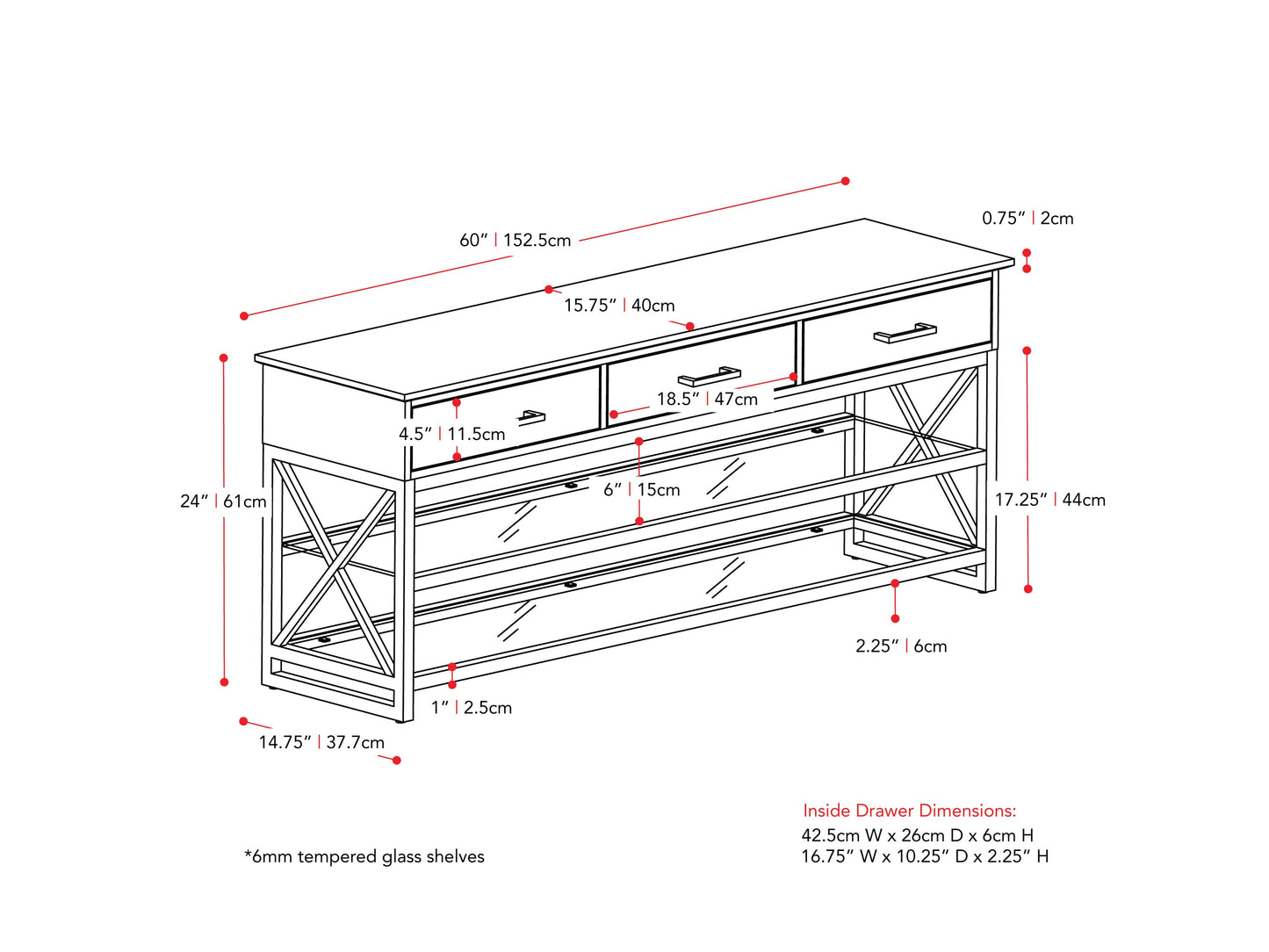 whitewash grey TV Bench for TVs up to 75" Houston Collection measurements diagram by CorLiving#color_whitewash-grey