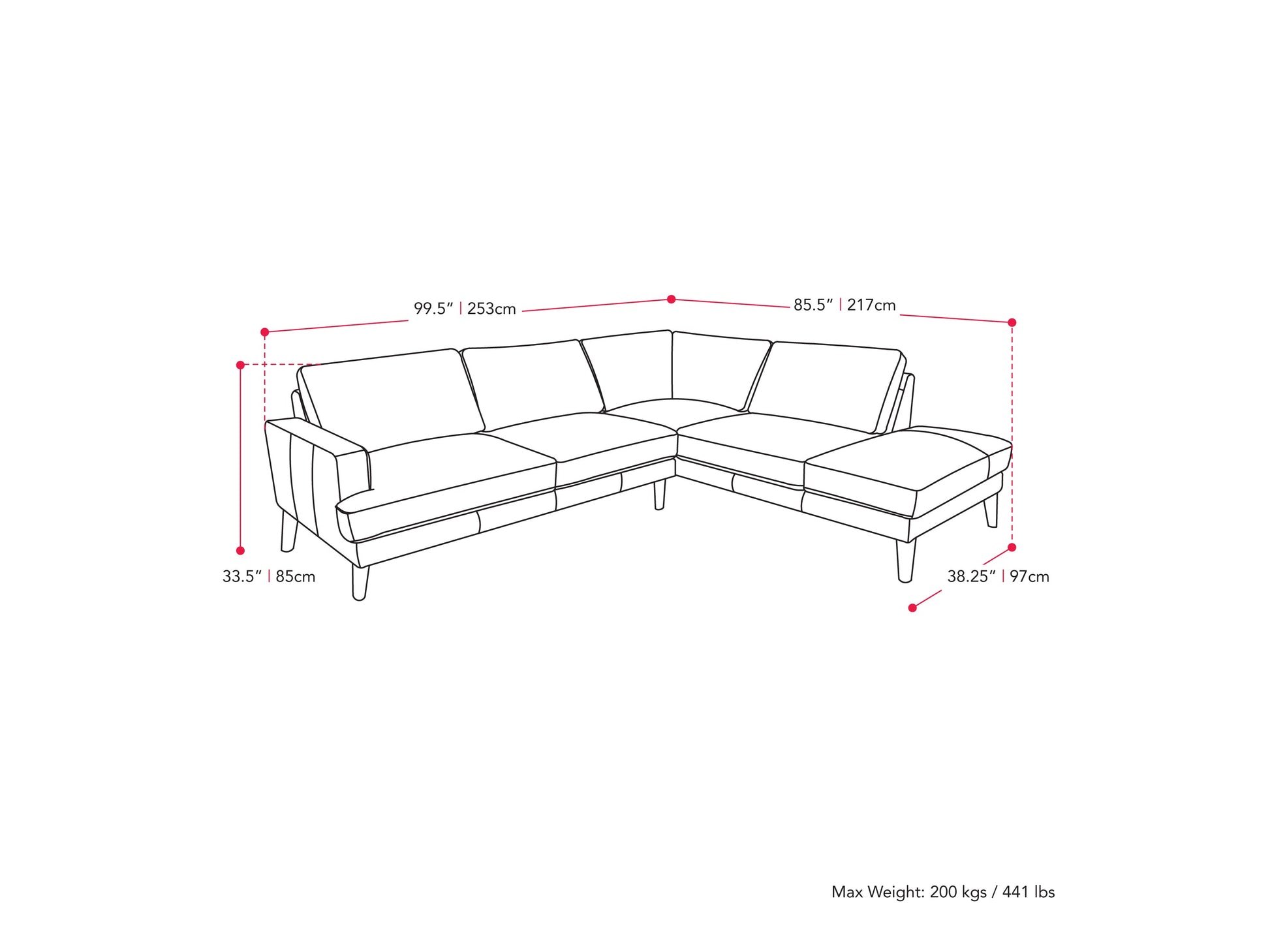 grey Sectional Couch, Right Facing Paris Collection measurements diagram by CorLiving#color_dark-grey