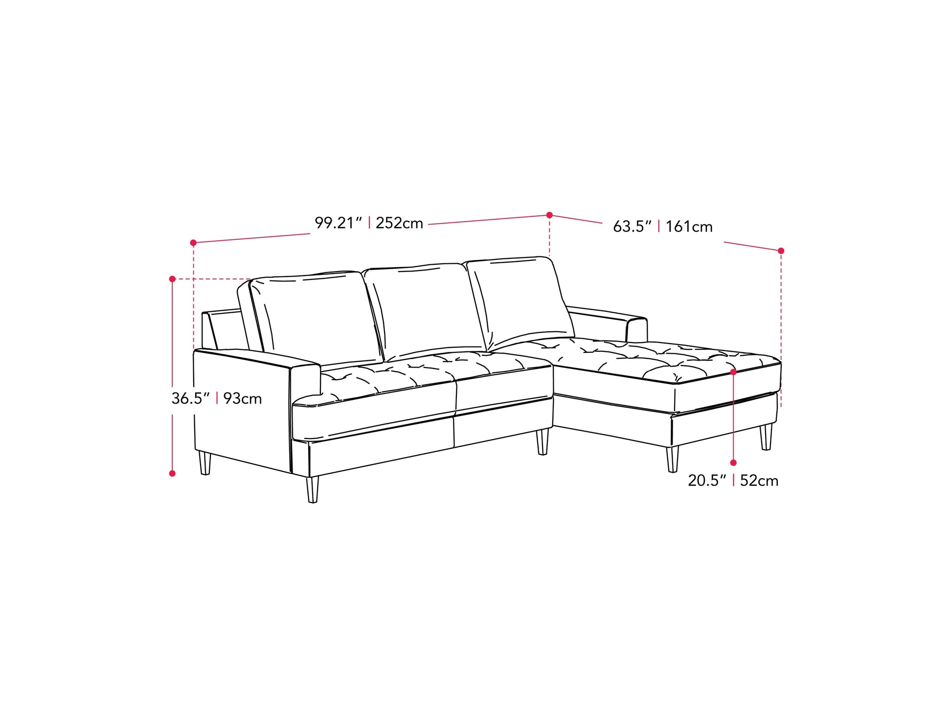 beige L Shaped Couch, Left Facing Madelyn collection measurements diagram by CorLiving#color_beige