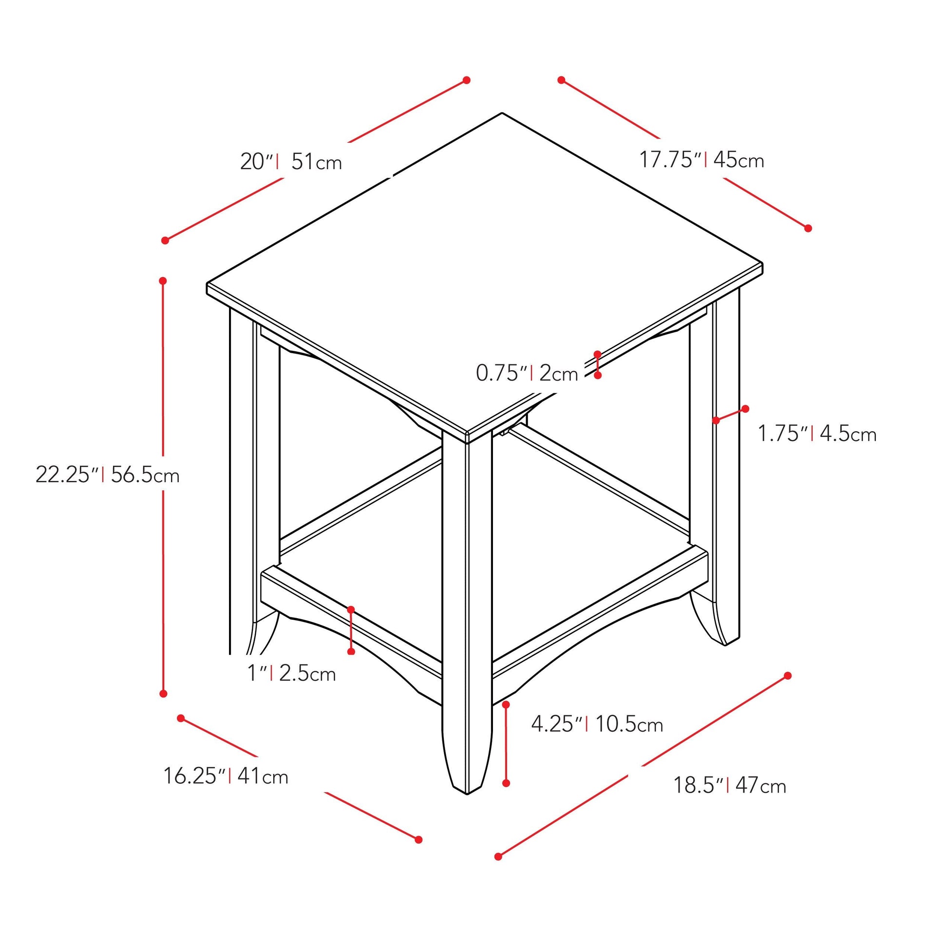 antique white Two Tier End Table Cambridge Collection measurements diagram by CorLiving#color_antique-white