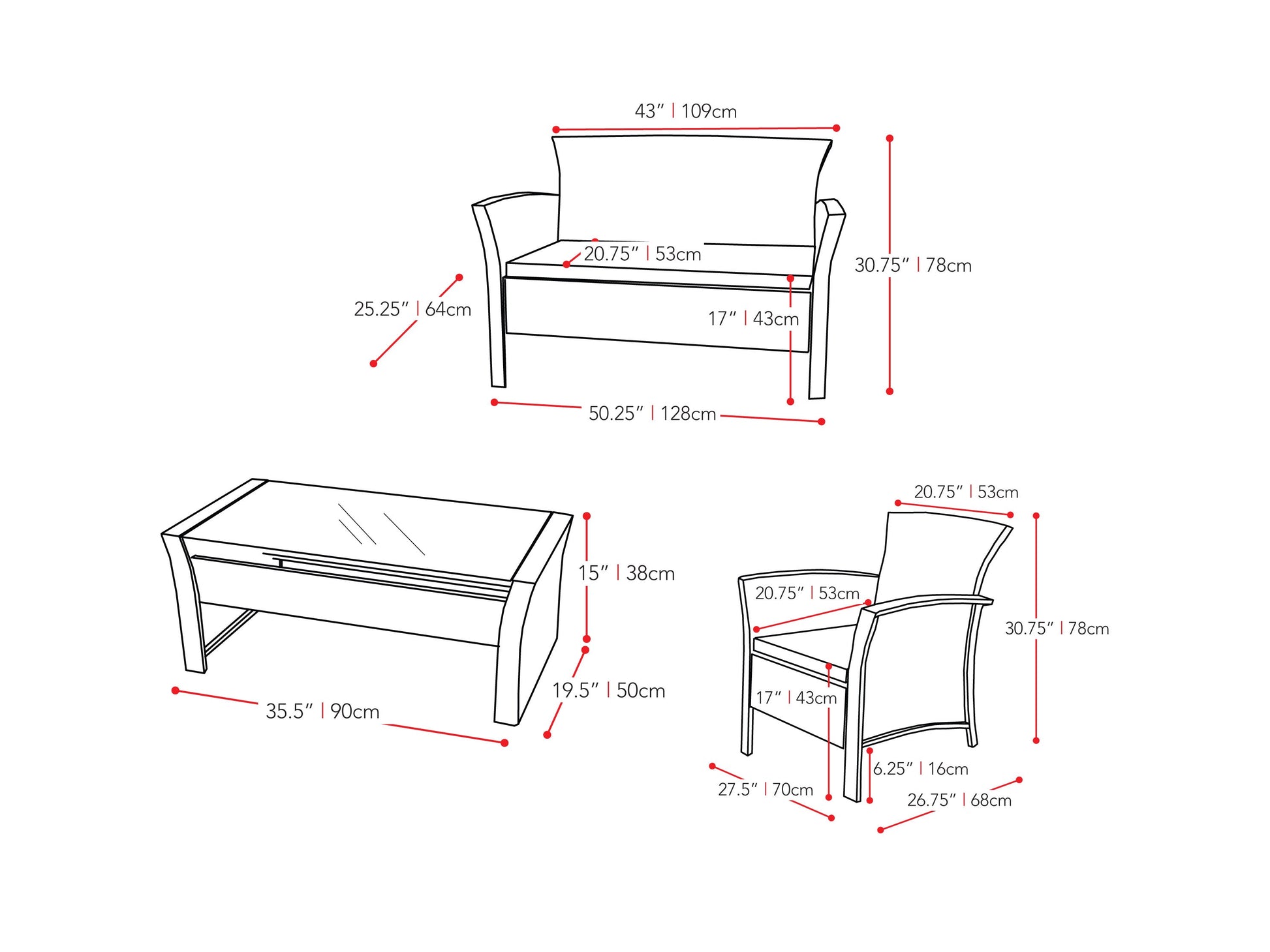 light grey Black Wicker Patio Set, 4pc Cascade Collection measurements diagram by CorLiving#color_light-grey