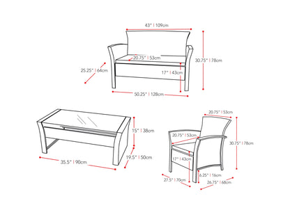 light grey Black Wicker Patio Set, 4pc Cascade Collection measurements diagram by CorLiving#color_light-grey