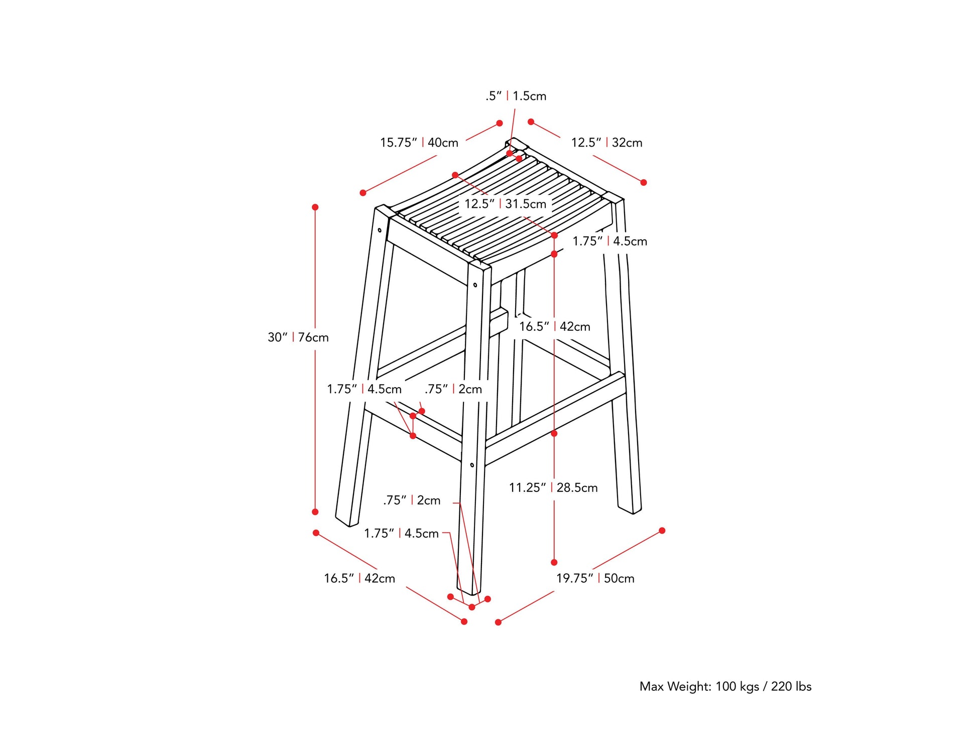 brown Natural Wood Bar Stools, Set of 2 Miramar Collection measurements diagram by CorLiving#color_miramar-brown