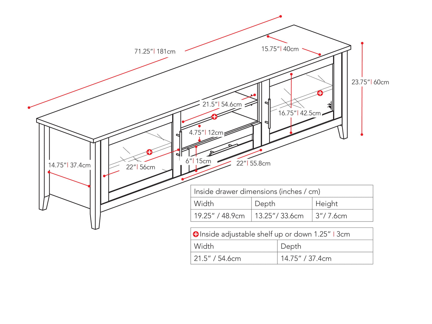 black TV Stand with Doors for TVs up to 85" Jackson Collection measurements diagram by CorLiving#color_black