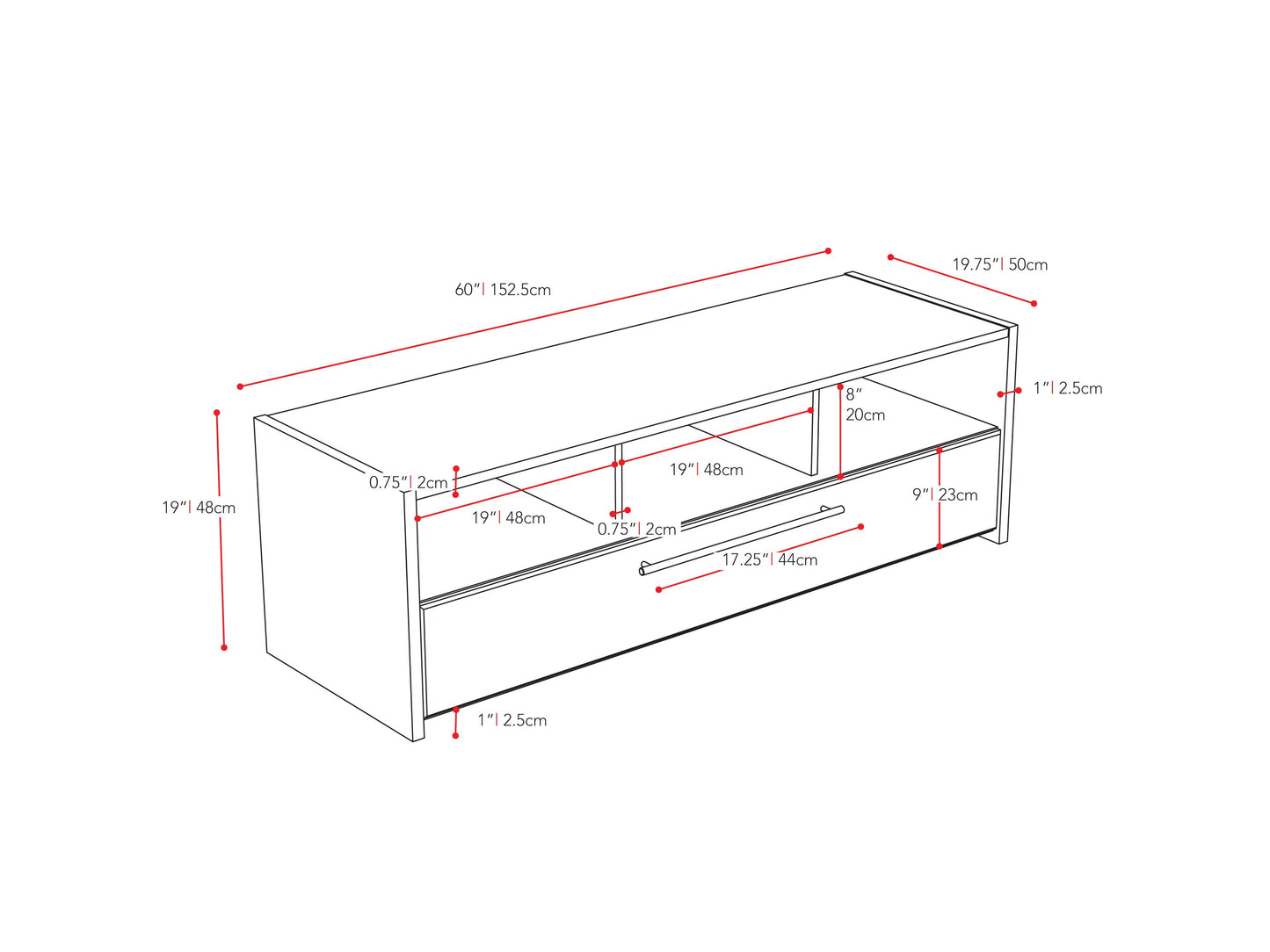 black TV Bench for TVs up to 75" Naples Collection measurements diagram by CorLiving#color_black