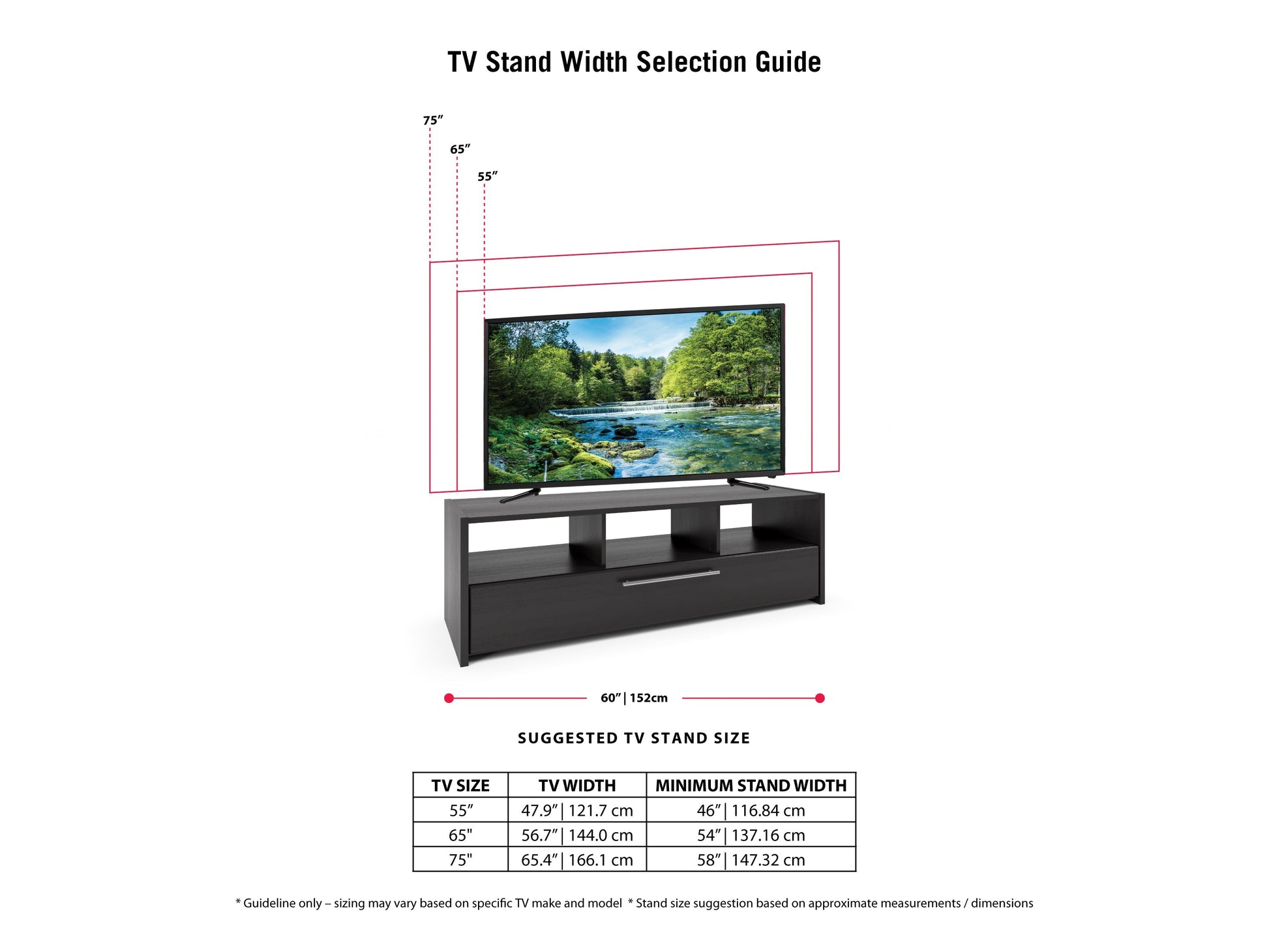 black TV Bench for TVs up to 75" Naples Collection infographic by CorLiving#color_black